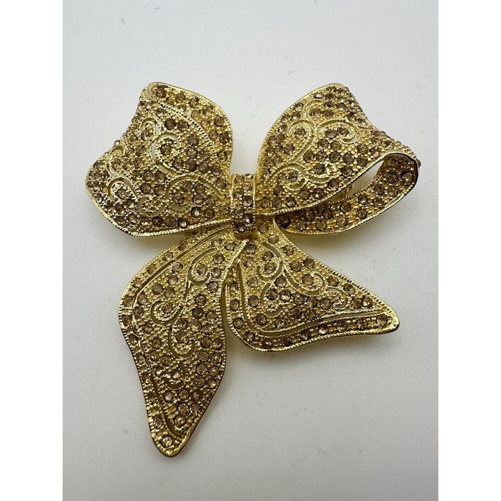Vintage Gold Tone Rhinestone Large Bow Brooch Pin